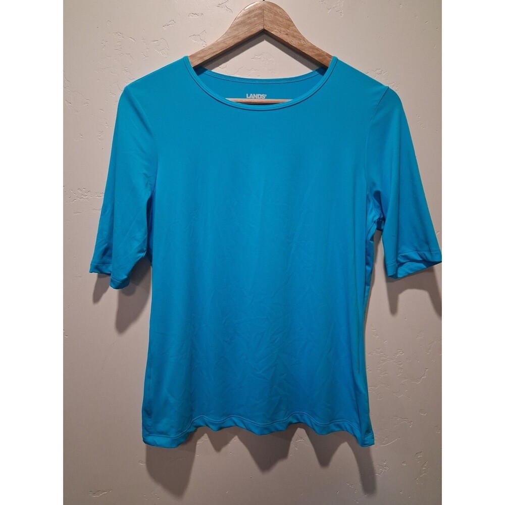 Lands' End Size S SunShade UPF 50 Elbow Sleeve Rash Guard Swim Tee Blue Swimming